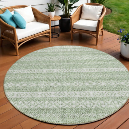 8' Artichoke Green And Green Round Southwestern Washable Indoor Outdoor Area Rug