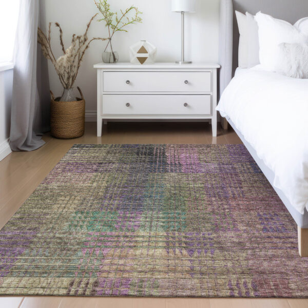 8' X 10' Plum Olive Green And Lavender Abstract Washable Indoor Outdoor Area Rug