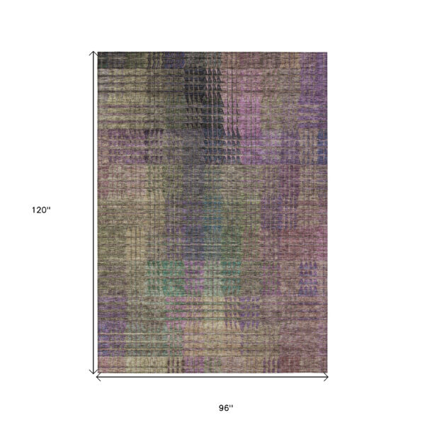 8' X 10' Plum Olive Green And Lavender Abstract Washable Indoor Outdoor Area Rug
