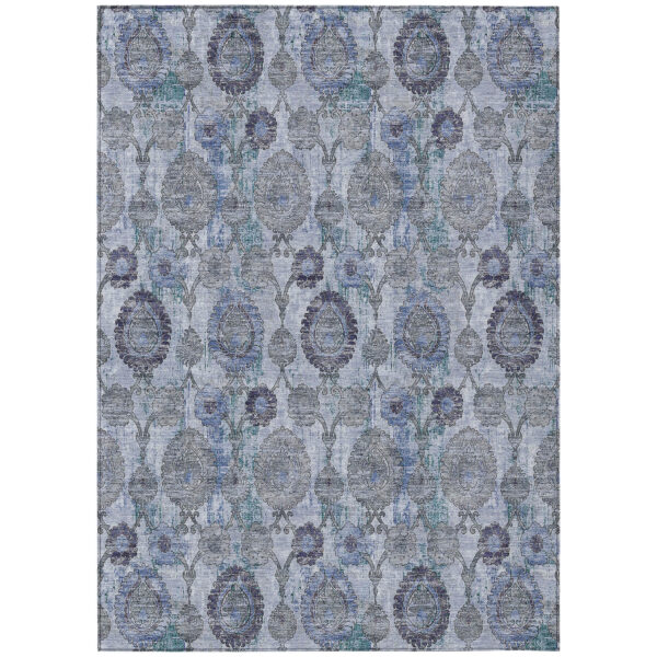 8' X 10' Navy Blue And Sky Blue Damask Washable Indoor Outdoor Area Rug