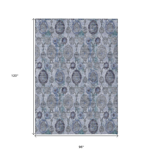 8' X 10' Navy Blue And Sky Blue Damask Washable Indoor Outdoor Area Rug