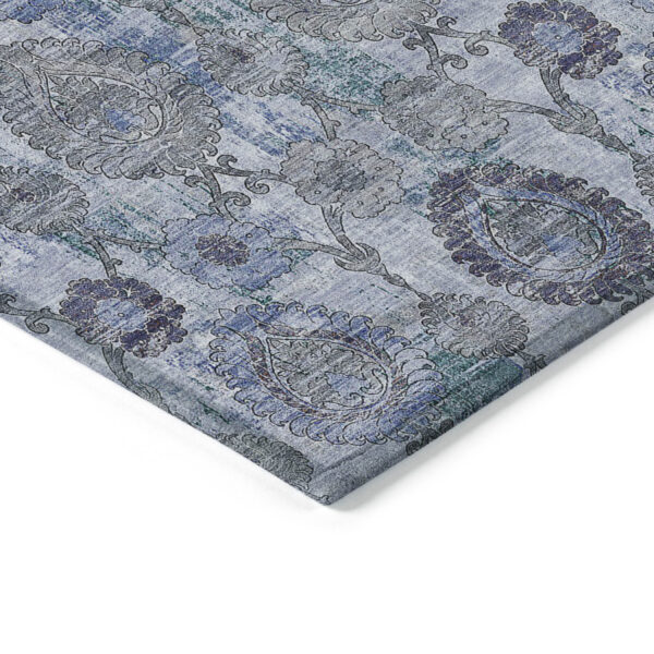 8' X 10' Navy Blue And Sky Blue Damask Washable Indoor Outdoor Area Rug