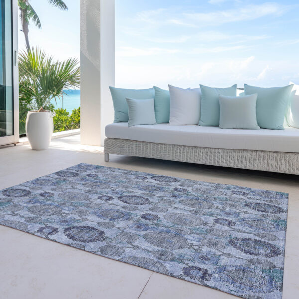 8' X 10' Navy Blue And Sky Blue Damask Washable Indoor Outdoor Area Rug