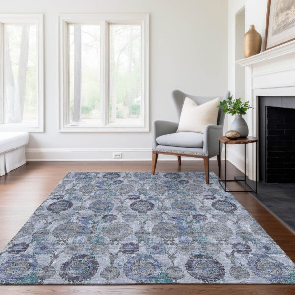 8' X 10' Navy Blue And Sky Blue Damask Washable Indoor Outdoor Area Rug