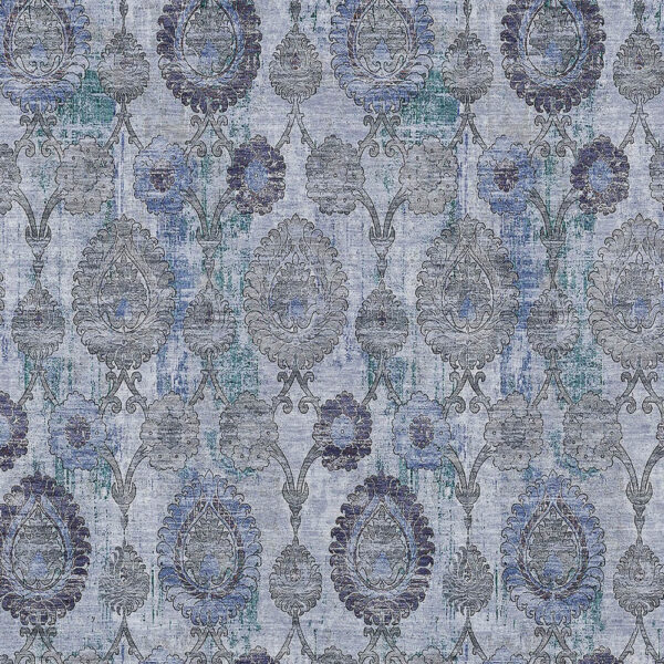 8' X 10' Navy Blue And Sky Blue Damask Washable Indoor Outdoor Area Rug