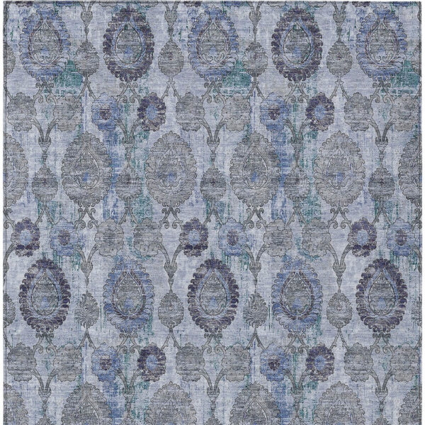 8' X 10' Navy Blue And Sky Blue Damask Washable Indoor Outdoor Area Rug