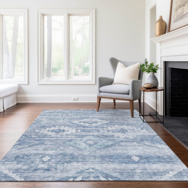 8' X 10' Denim Blue And Sky Blue Southwestern Washable Indoor Outdoor Area Rug
