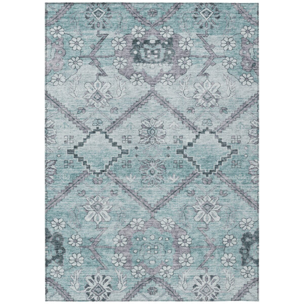 5' X 8' Teal Blue Aqua And Gray Floral Washable Indoor Outdoor Area Rug