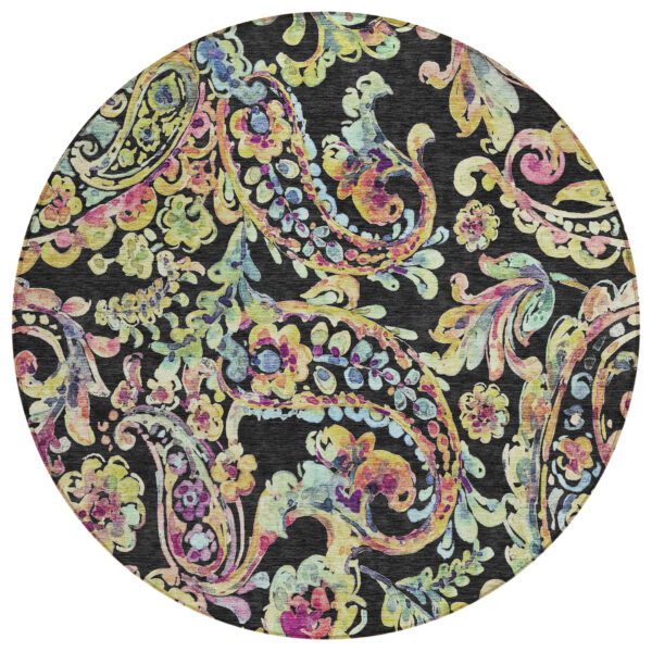 8' Black And Artichoke Green Round Paisley Washable Indoor Outdoor Area Rug