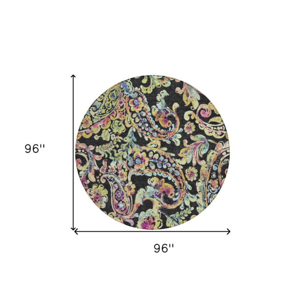 8' Black And Artichoke Green Round Paisley Washable Indoor Outdoor Area Rug