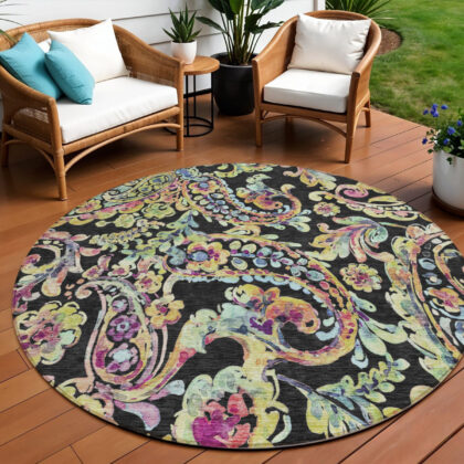 8' Black And Artichoke Green Round Paisley Washable Indoor Outdoor Area Rug