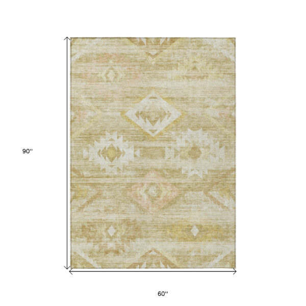 5' X 8' Wheat Gold And Beige Southwestern Washable Indoor Outdoor Area Rug