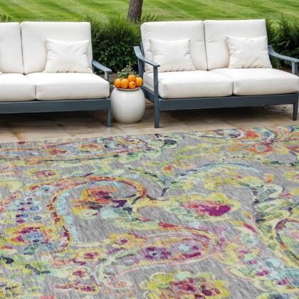 10' X 14' Gray Fern Green And Artichoke Green Paisley Washable Indoor Outdoor Area Rug