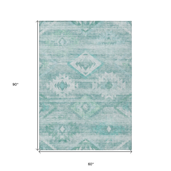5' X 8' Aqua Turquoise And Ivory Southwestern Washable Indoor Outdoor Area Rug