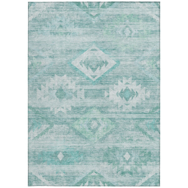 5' X 8' Aqua Turquoise And Ivory Southwestern Washable Indoor Outdoor Area Rug