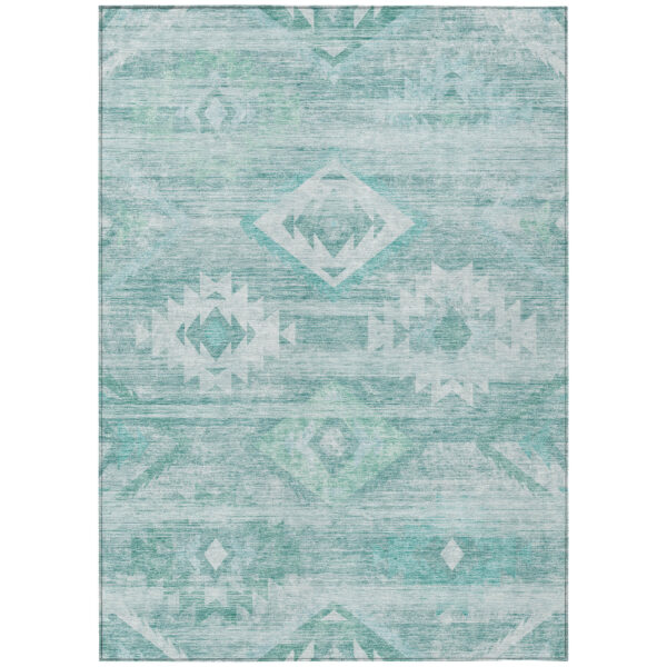 5' X 8' Aqua Turquoise And Ivory Southwestern Washable Indoor Outdoor Area Rug
