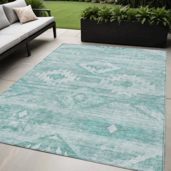 5' X 8' Aqua Turquoise And Ivory Southwestern Washable Indoor Outdoor Area Rug