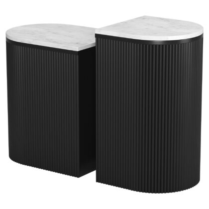Set of Two Black And White Solid Wood And Marble Oval Block End Tables