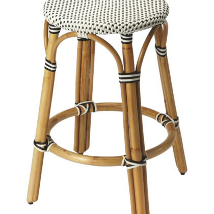 24" Black and White and Natural Heavy Duty Plastic and Rattan Backless Counter Height Bar Chair
