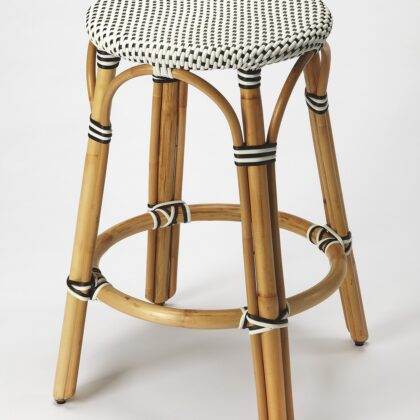 24" Black and White and Natural Heavy Duty Plastic and Rattan Backless Counter Height Bar Chair