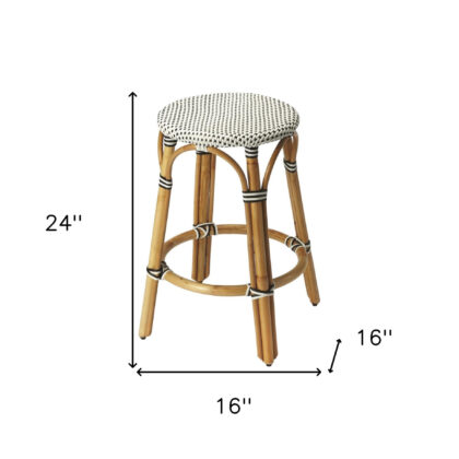 24" Black and White and Natural Heavy Duty Plastic and Rattan Backless Counter Height Bar Chair
