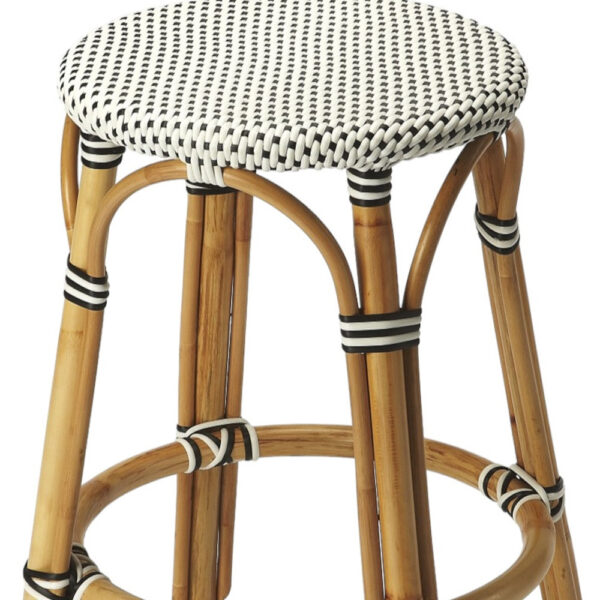 24" Black and White and Natural Heavy Duty Plastic and Rattan Backless Counter Height Bar Chair