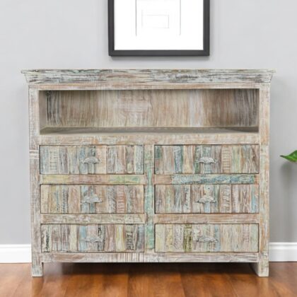 50" White Distressed Reclaimed Wood Open And Enclosed Storage Entertainment Center