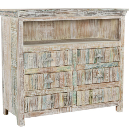 50" White Distressed Reclaimed Wood Open And Enclosed Storage Entertainment Center