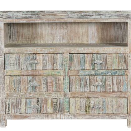 50" White Distressed Reclaimed Wood Open And Enclosed Storage Entertainment Center