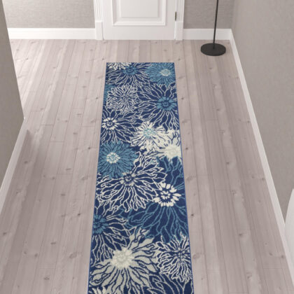 10' Navy Blue Floral Power Loom Runner Rug