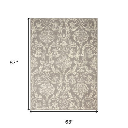 5' x 7' Gray Damask Power Loom Non Skid Area Rug