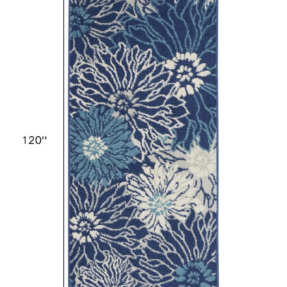 10' Navy Blue Floral Power Loom Runner Rug