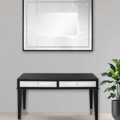 47" Black And Silver Mirrored Wood And Glass Console Table With Two Drawers