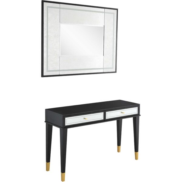 47" Black And Silver Mirrored Wood And Glass Console Table With Two Drawers