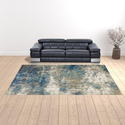 10' X 13' Blue Grey And Beige Abstract Power Loom Stain Resistant Area Rug