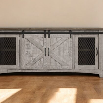 79" Gray Solid Wood Cabinet Enclosed Storage Distressed TV Stand