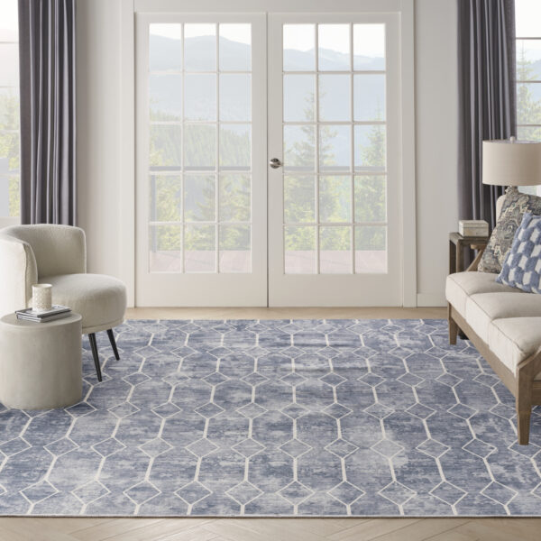 9' x 12' Blue and Beige Geometric Power Loom Washable Area Rug