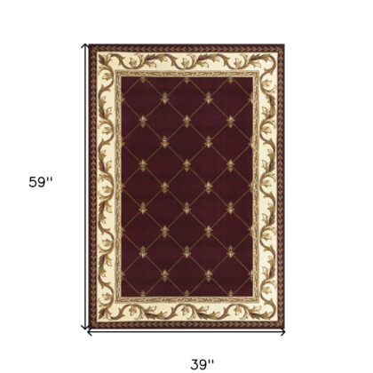 3'X5' Red Machine Woven Hand Carved Fleur De Lis Indoor Area Rug