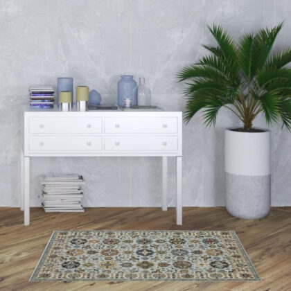 3' X 5' Blue Beige Grey Green Yellow And Rust Oriental Power Loom Stain Resistant Area Rug With Fringe