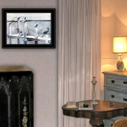 Birds On A Pier 3 Black Framed Print Wall Art