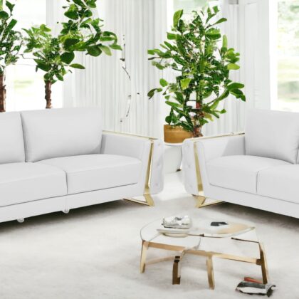 Two Piece Indoor White Italian Leather Five Person Seating Set