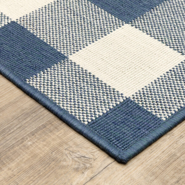 9' X 13' Blue and Ivory Geometric Stain Resistant Indoor Outdoor Area Rug