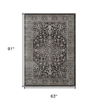 5' x 8' Black and Ivory Oriental Distressed Area Rug