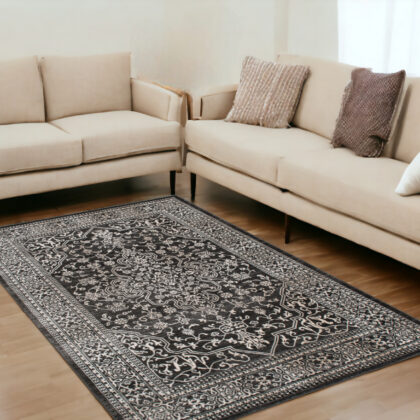 5' x 8' Black and Ivory Oriental Distressed Area Rug