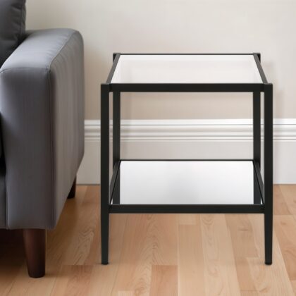 22" Black And Clear Glass And Steel Square Mirrored End Table With Shelf