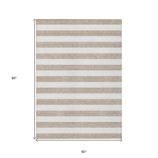 5' X 8' Taupe and White Striped Washable Indoor Outdoor Area Rug