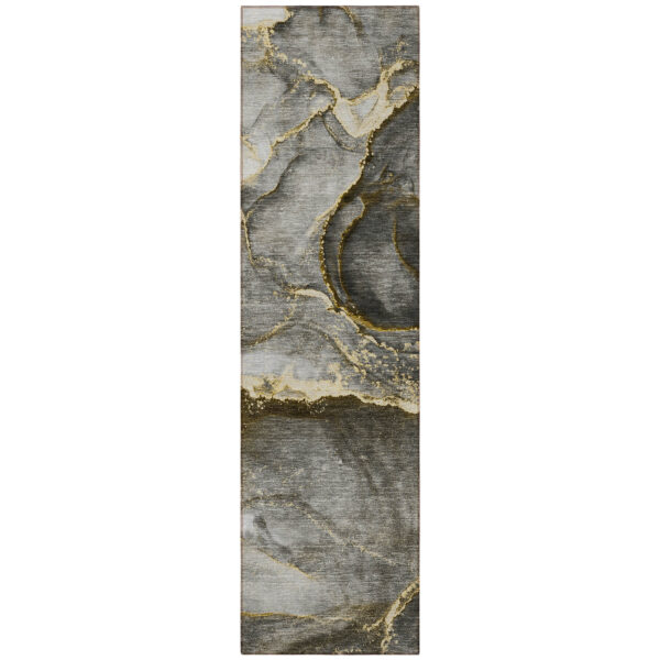 8' Runner Gray and Gold Abstract Washable Non Skid Indoor Outdoor Runner Rug