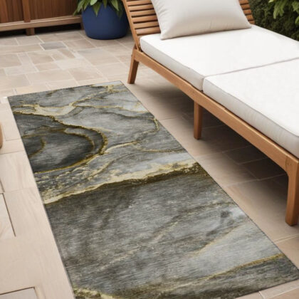 8' Runner Gray and Gold Abstract Washable Non Skid Indoor Outdoor Runner Rug