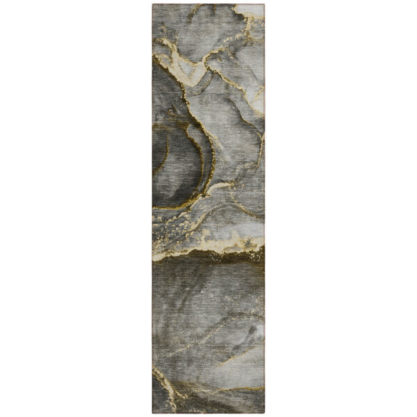 8' Runner Gray and Gold Abstract Washable Non Skid Indoor Outdoor Runner Rug