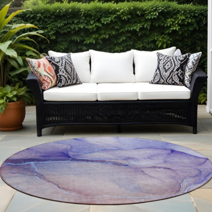8' Round Blue and Brown Round Abstract Washable Non Skid Indoor Outdoor Area Rug